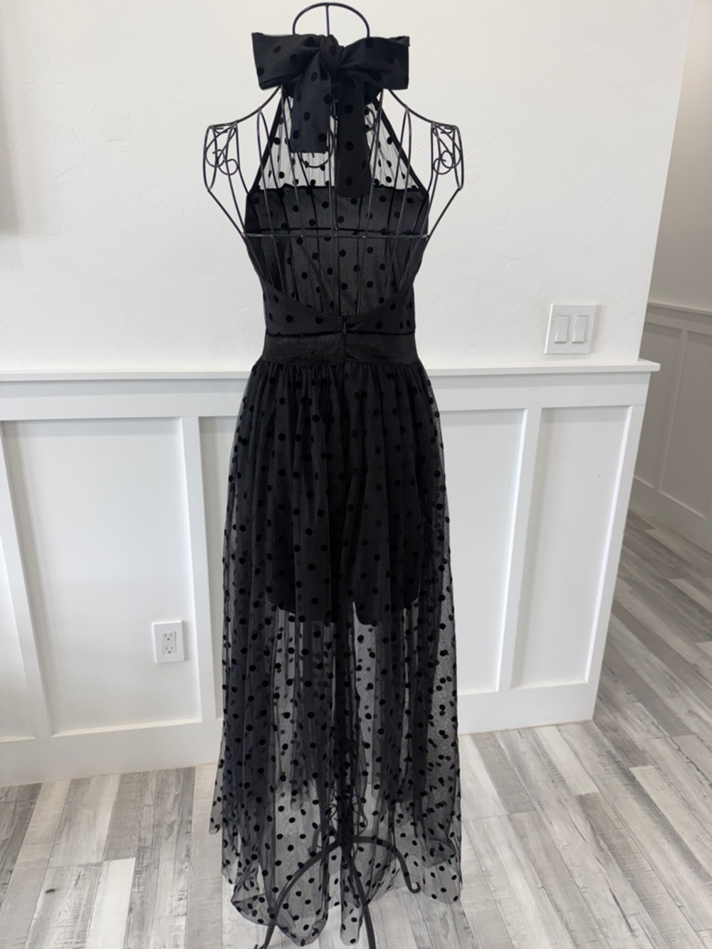 Sheer Black Polka Dot Halter Maxi Dress with Bow